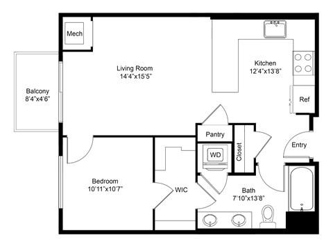 Floor plan for 1 bed, 1 bath, 725 sqft